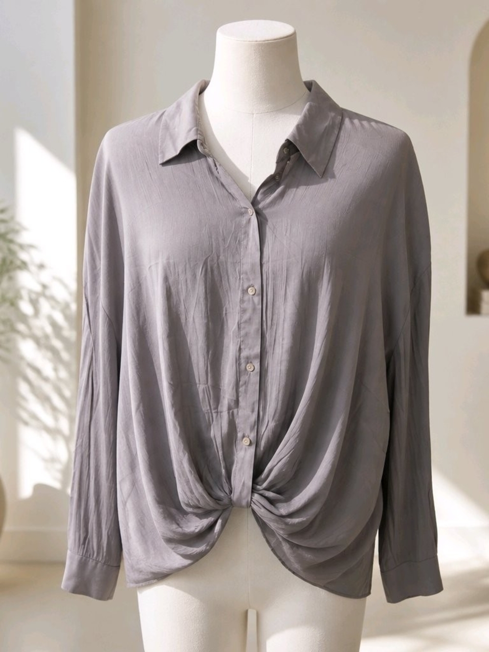 Terra & Sky Grey Twist-Front Button-Down Shirt